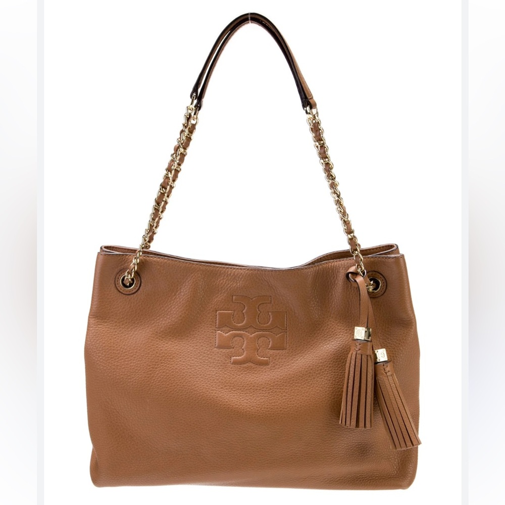Tory Burch Brown Pebbled Leather Shoulder Tote with Tassels